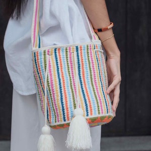 Rainbow Striped Wayuu Bag, Mochila from Colombia, Medium Crochet Crossbody, Handmade Medium Purse, Bucket Bag, Colombian Craft image 5