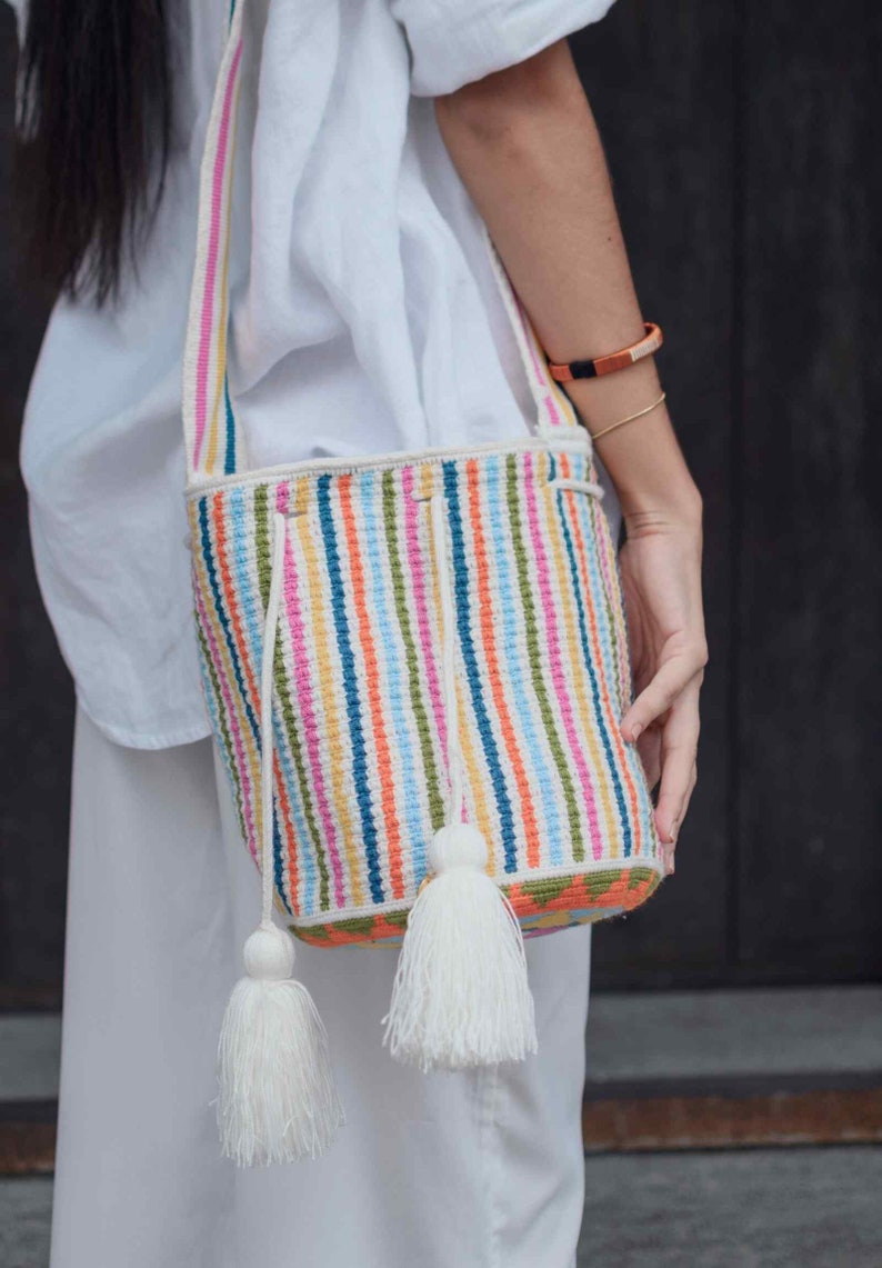 Rainbow Striped Wayuu Bag, Mochila from Colombia, Medium Crochet Crossbody, Handmade Medium Purse, Bucket Bag, Colombian Craft image 5