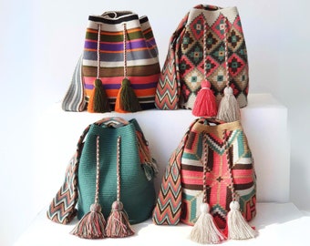 Grand sac WAYUU, sac Wayuu Mochila original, sac bandoulière colombien, sac bandoulière fait main, sac seau au crochet