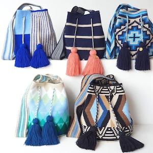 Blue WAYUU Bag, FAIRTRADE. Medium Colombian Mochila, Artisan Crochet Purse, Crossbody Bags, Perfect Gift. Lasts for a lifetime, light weight