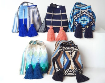 SAC WAYUU bleu saphir, sac moyen mochila colombien, sac à main au crochet artisanal, cadeau colombien
