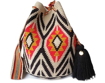 Sac WAYUU rouge Fairtrade, bandoulière au crochet original, sac seau colombien fait à la main, sac à main éthique, fabriqué artisanalement