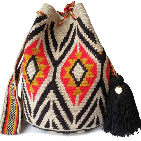 Borsa WAYUU rossa Fairtrade, tracolla originale all'uncinetto, borsa a secchiello colombiana fatta a mano, borsa etica, realizzata artigianalmente
