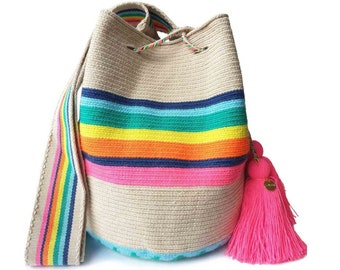 Magnifique grand sac WAYUU, cadeau colombien, crossbody au crochet original, sac seau colombien fait à la main, sac à main éthique, Mochila artisanal
