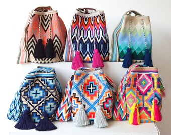 Grand sac WAYUU arc-en-ciel original, sac à bandoulière wayuu mochila colombien, sac à bandoulière fait main, sac seau au crochet