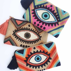 Beautiful Clutch. Evil Eye WAYUU Pouch Clutch, Beach Clutch, Soft Clutch Bag, Hook Clutch Purse, Made in Colombia