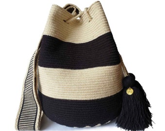 Sac WAYUU rayé classique, mochila de Colombie, bandoulière au crochet original, sac seau colombien fait main, sac à main éthique, fabrication artisanale
