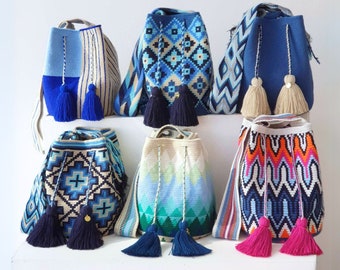 Grand sac WAYUU, sac Wayuu Mochila original, sac bandoulière colombien, sac bandoulière fait main, sac seau au crochet