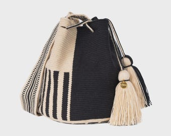 Striped Handmade Crochet Bag from Colombia • Wayuu Handmade Crossbody • Black & White Bohemian Style