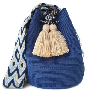 Large Blue WAYUU Bag, Original Crochet Crossbody, Handmade Colombian Bucket Bag, Ethical Purse, Artisanmade