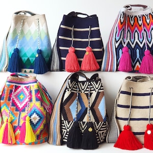Original meistverkaufte bunte große WAYUU-Tasche, Original Wayuu Mochila-Tasche, kolumbianische Crossbody, handgefertigte Crossbody-Tasche, gehäkelte Eimertasche