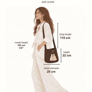 May include: A brown medium bag with a shoulder strap and two light-colored tassels. The bag has a height of 22 cm, a base diameter of 20 cm, and a strap length of 110 cm. The text Medium Bag and SIZE GUIDE are visible at the top of the illustration.