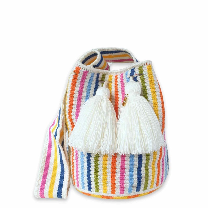 Rainbow Striped Wayuu Bag, Mochila from Colombia, Medium Crochet Crossbody, Handmade Medium Purse, Bucket Bag, Colombian Craft image 1