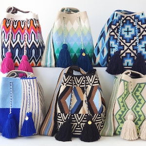 Authentische große WAYUU-TASCHE, Wayuu Mochila Bag, kolumbianische Umhängetasche, handgemachte Crossbody-Tasche, gehäkelte Eimertasche