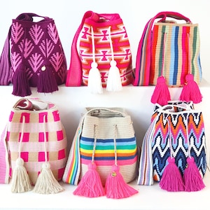 Pink Medium WAYUU Bag/ Colombian Crochet BAG / Wayuu Crossbody Purse / Mochila Purse / Crochet Crossbody Bucket Bag