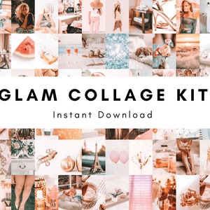 Op de afbeelding: Een collage van afbeeldingen met verschillende thema's, waaronder mode, reizen, eten en lifestyle. De collage heeft de titel "Glam Collage Kit Direct Downloaden".
