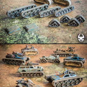 Puede incluir: Una colecci&oacute;n de piezas de tanques en miniatura y veh&iacute;culos postapocal&iacute;pticos ensamblados. El set incluye varios segmentos de orugas, peque&ntilde;as orugas triangulares y veh&iacute;culos blindados armados, con pintura desgastada en tonos azules, marrones y met&aacute;licos.