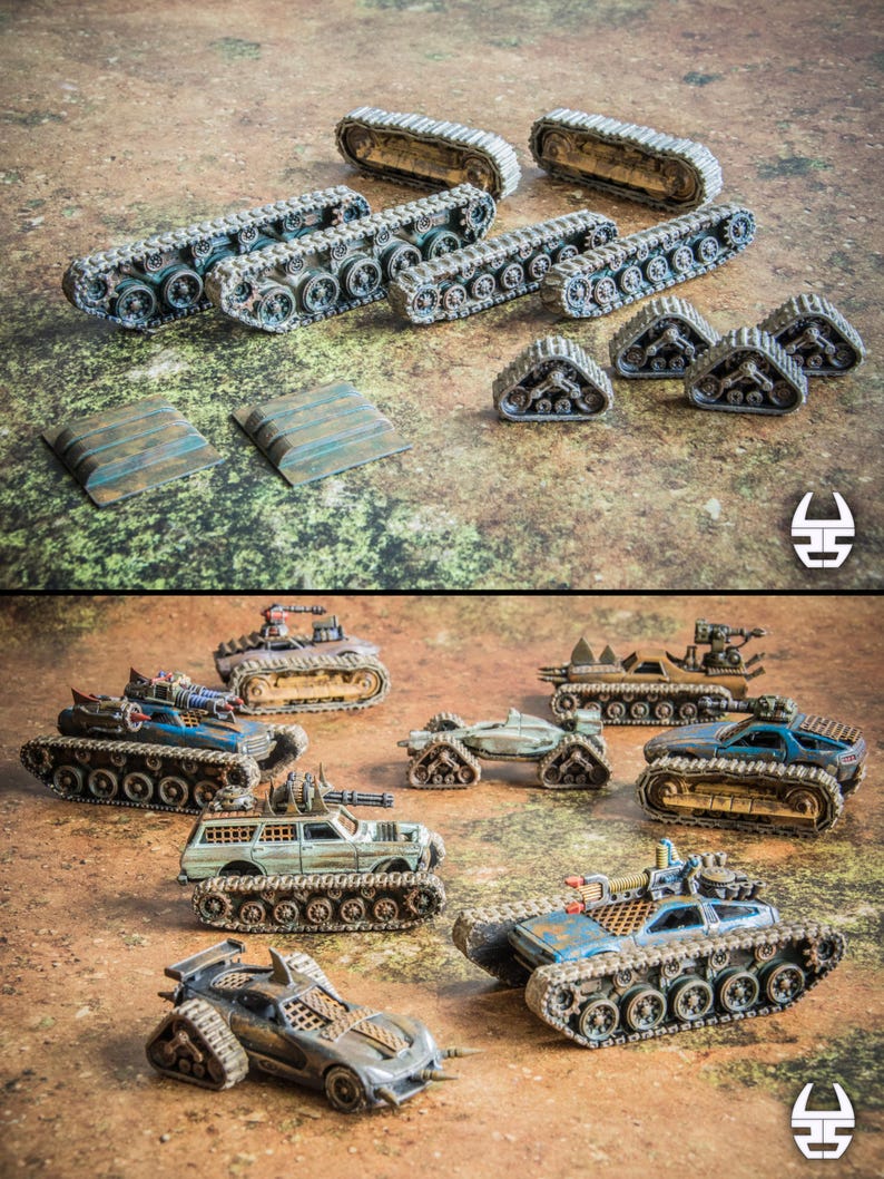 Puede incluir: Una colecci&oacute;n de piezas de tanques en miniatura y veh&iacute;culos postapocal&iacute;pticos ensamblados. El set incluye varios segmentos de orugas, peque&ntilde;as orugas triangulares y veh&iacute;culos blindados armados, con pintura desgastada en tonos azules, marrones y met&aacute;licos.