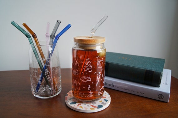 Science Can Glass Cup with Glass Bent Straw and Bamboo Lid