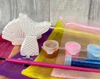 Bolsa de fiesta de sirena-Kits de manualidades en bolsa de regalo de organza-FIESTA DE SIRENA-Conjunto de artesanía de cerámica-Favor de fiesta/Rellenos-Idea de fiesta artesanal-Actividad infantil