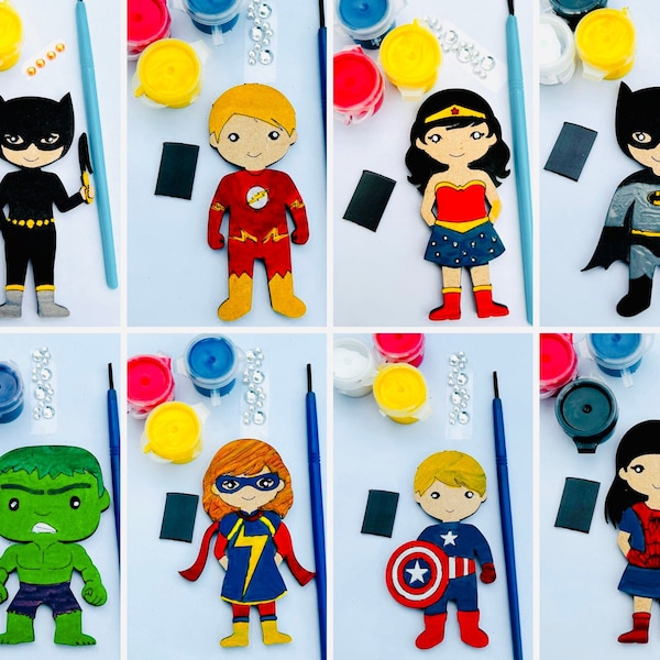 Superhero Magnet Craft Kit in Organza Gift Bag-Boy/Girl Superhero Party Gift-Paint Set-Unique Party Bag Favour/Fillers-Craft Party Idea