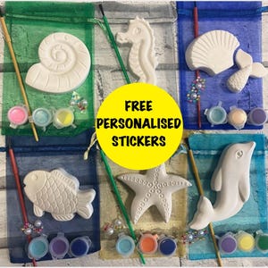 May include: Paint-your-own sea creature kits featuring plaster figures of a seashell, seahorse, shell, fish, starfish, and dolphin. Each kit includes paint pots and a paintbrush, all presented in colourful mesh bags.