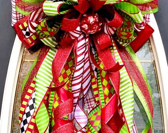 christmas tree topper, candy strip ribbon tree topper, rustic tree topper, red berries tree topper