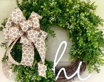 Boxwood Wreath, Everyday Wreath, boxwood greenery wreath, summer wreath, summer decor, burlap bows and boxwood, birthday gift, housewarming