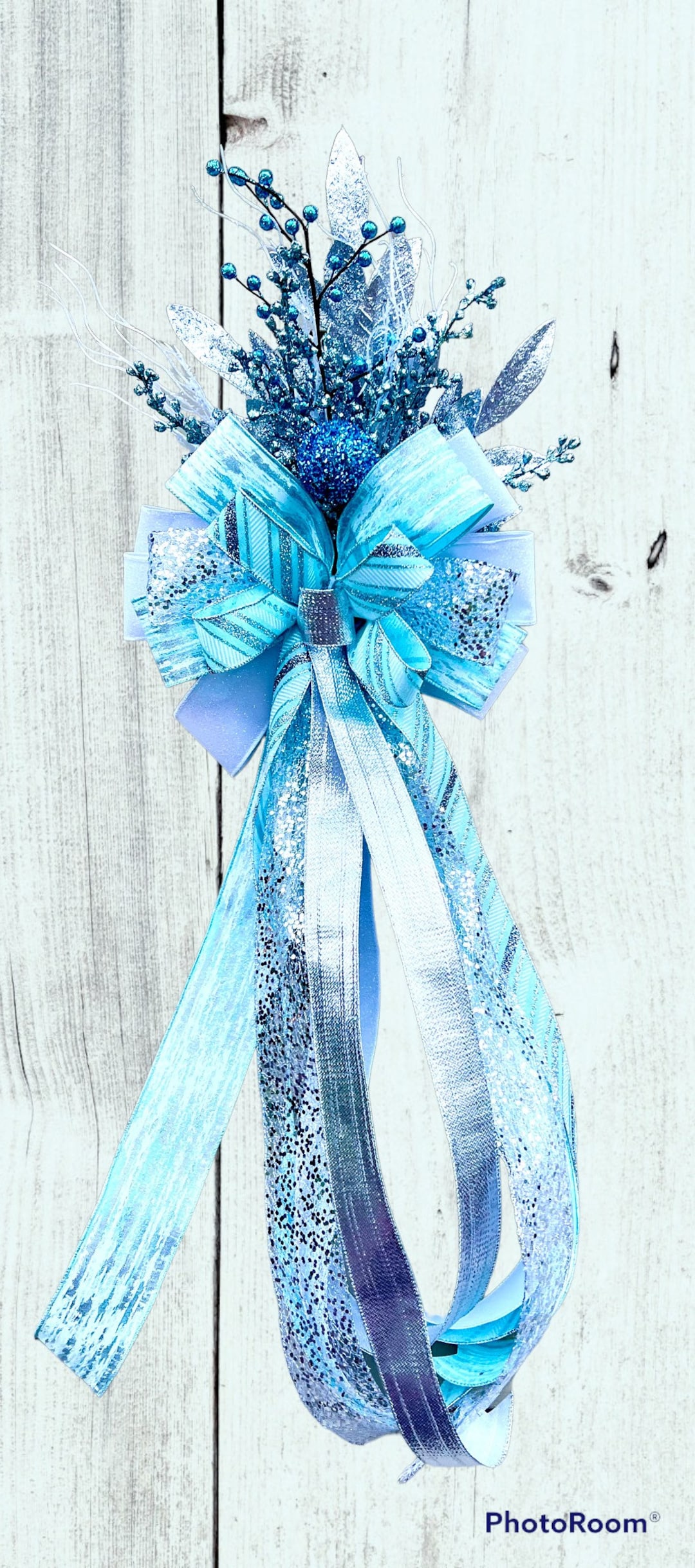 Mini Christmas Tree Topper, Silver and Light Turquoise Ribbon Slim Tree Topper,glittery Tree