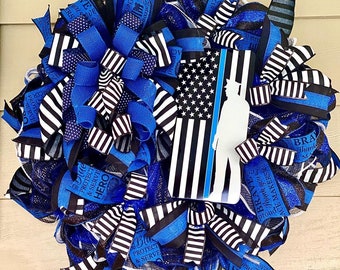 law enforcement wreath, police officer, police wreath, thin blue line, back the blue, blue lives matter, front door wreath, blue and black