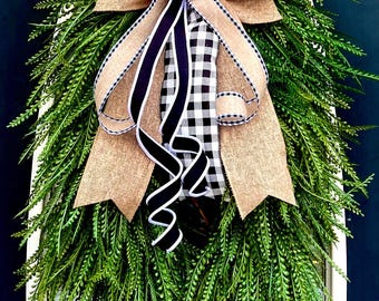Bead Grass Wreath, beaded fern wreath, everyday wreath, year round wreath, bows interchangeable, button fern grass wreath