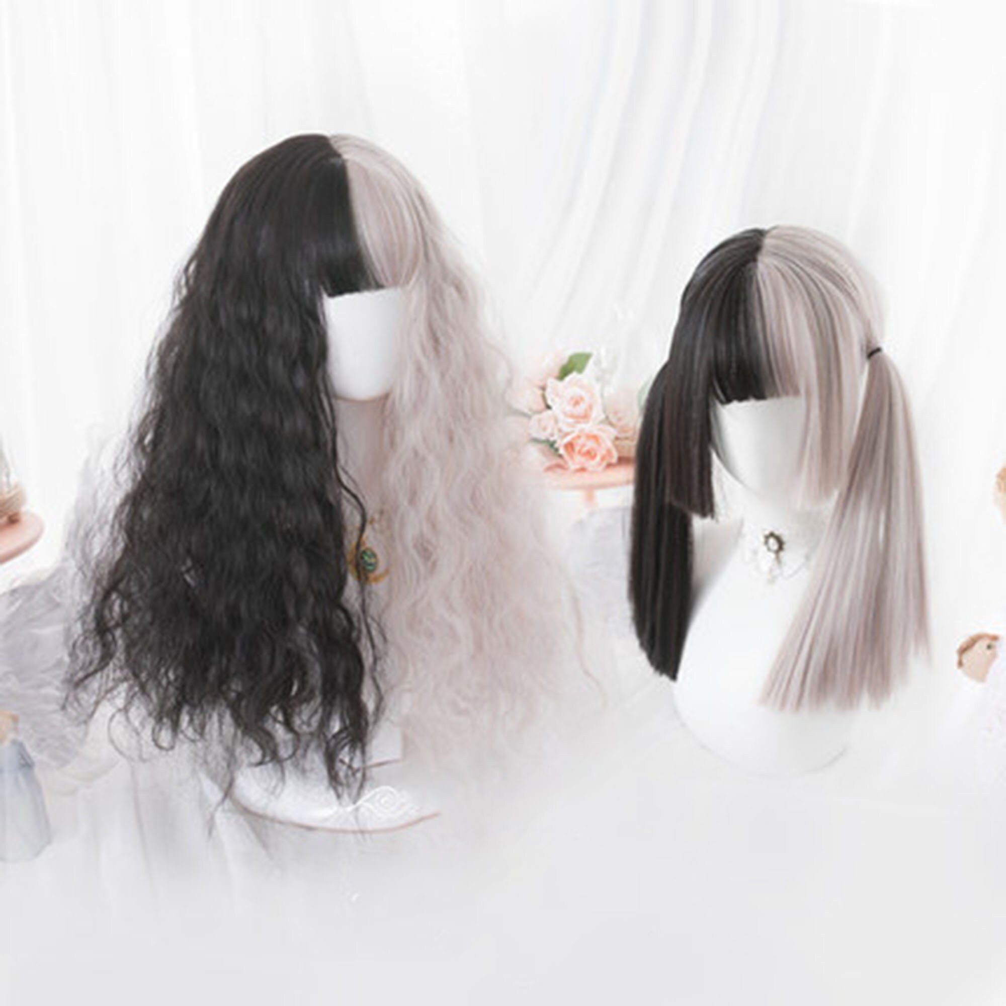 Black Powder Color WigHalf Black Pink WigLolita Wig Anime Etsy