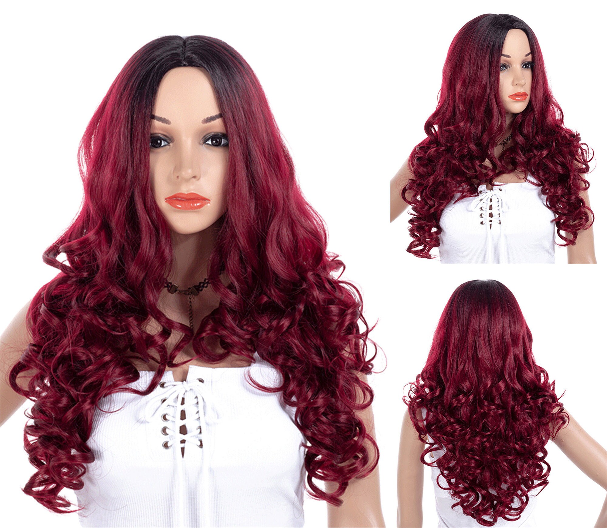 Long Curly Wig Puffy Wig Gradient Red Wig Curl Wig Wig For Etsy
