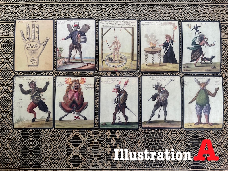Illustration A set featuring ten occult demon cards selected from a historical grimoire collection.