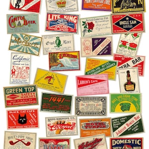 Vintage Matchbox-klistermärkespaket – Retro Matchbox-etiketter från hela världen, Ephemera för skräpjournaler, scrapbooking och collage