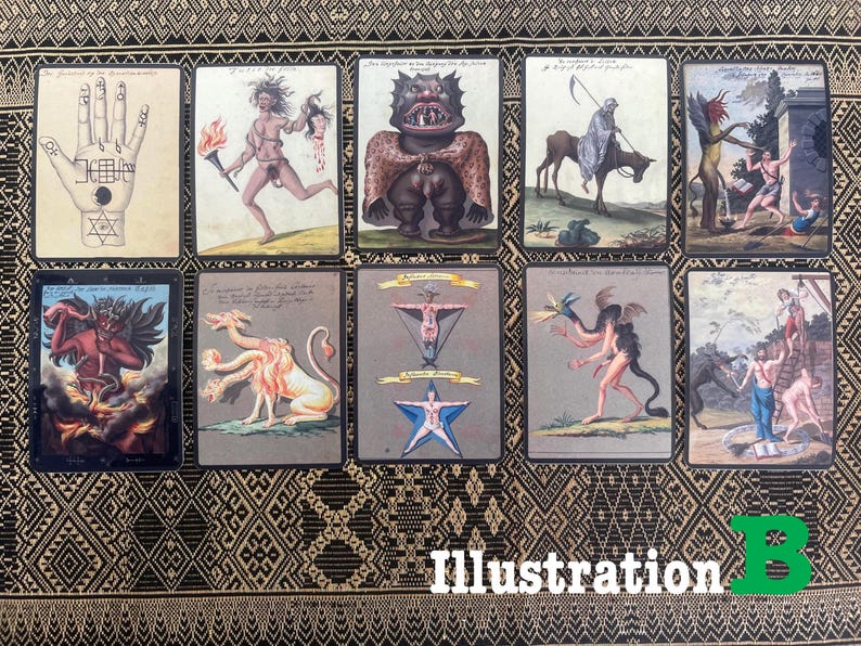 Illustration B set featuring ten occult demon cards selected from a historical grimoire collection.