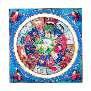 May include: A circular illustration of the zodiac signs with a blue background and gold stars. Each sign is depicted with a person and an animal. The centre of the circle features a nude figure standing in a green field.