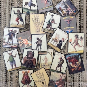 Collection of occult demon cards based on historical illustrations from a 1775 grimoire, featuring demons, spirits, and esoteric symbolism.