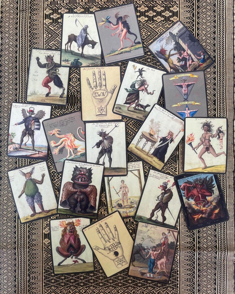 Collection of occult demon cards based on historical illustrations from a 1775 grimoire, featuring demons, spirits, and esoteric symbolism.