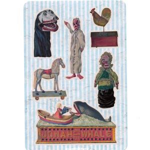 May include: A sticker sheet featuring vintage-style illustrations of a horse on wheels, a rooster, a figure in a white robe, a puppet, a creature with a large mouth, and a Jonah and the Whale toy set with the text Jonah and the Whale printed on it.