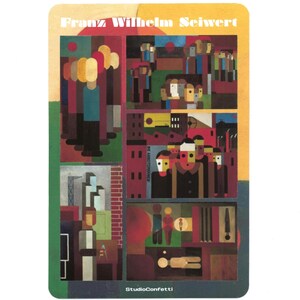 May include: A rectangular print featuring the text Franz Wilhelm Seiwert at the top and StudioConfetti at the bottom. The artwork displays multiple geometric panels with stylized figures in red, yellow, blue, and black, depicting industrial scenes.