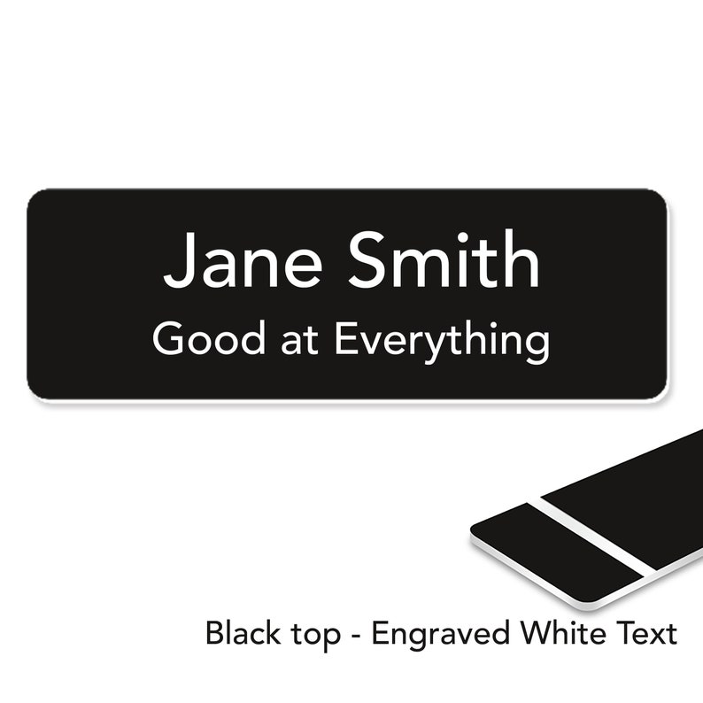 Customized Laser Engraved Name Badges with Pin or Magnetic Backing Black-White