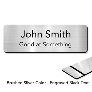 Customized Laser Engraved Name Badges with Pin or Magnetic Backing Brushed Silver-Black