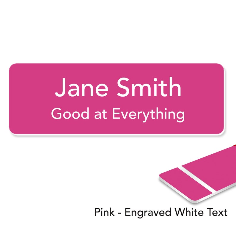 Customized Laser Engraved Name Badges with Pin or Magnetic Backing Pink-White