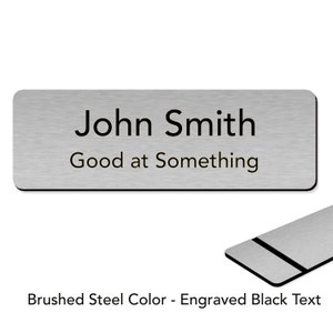 Customized Laser Engraved Name Badges with Pin or Magnetic Backing BrushedSteel-Black