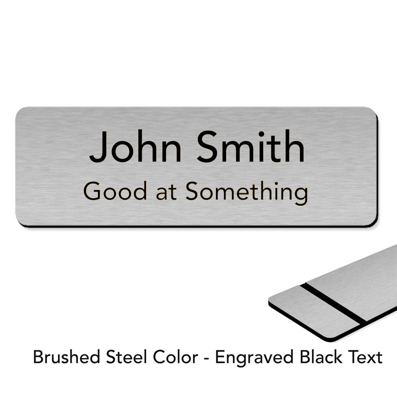 Customized Laser Engraved Name Badges with Pin or Magnetic Backing BrushedSteel-Black