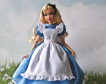 Handmade Alice in Wonderland Doll Dress, Petticoat, Apron, and Hair Bow