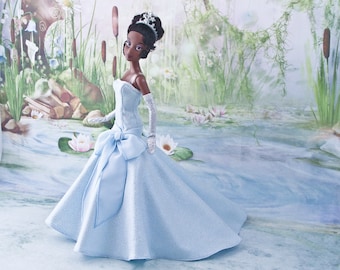 Handmade Tiana Doll Dress: Light Blue Gown, Gloves