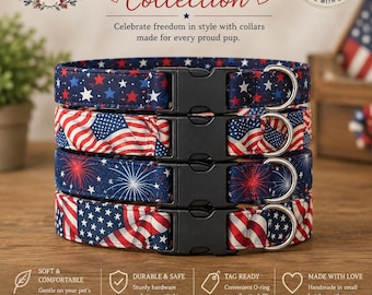 Patriotic Dog Collar, Red White & Blue Pet Collar, Adjustable Handmade Collar, Fourth of July Dog Collar, USA Pet Collar
