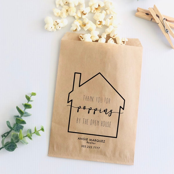 Open House Giveaway Favor Bags, Real Estate Marketing, Popcorn Kraft Treat Bag, Business Promotional Item, Client Appreciation